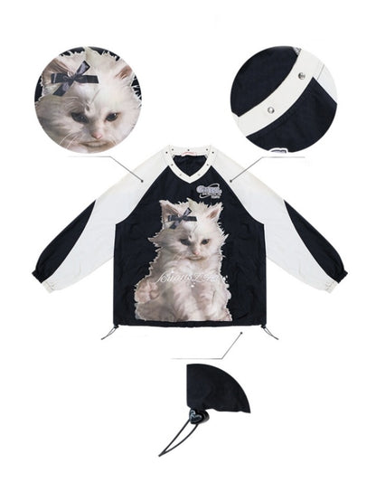 Cat Print Sporty Style Contrast V-Neck Sweatshirt【s0000013792】