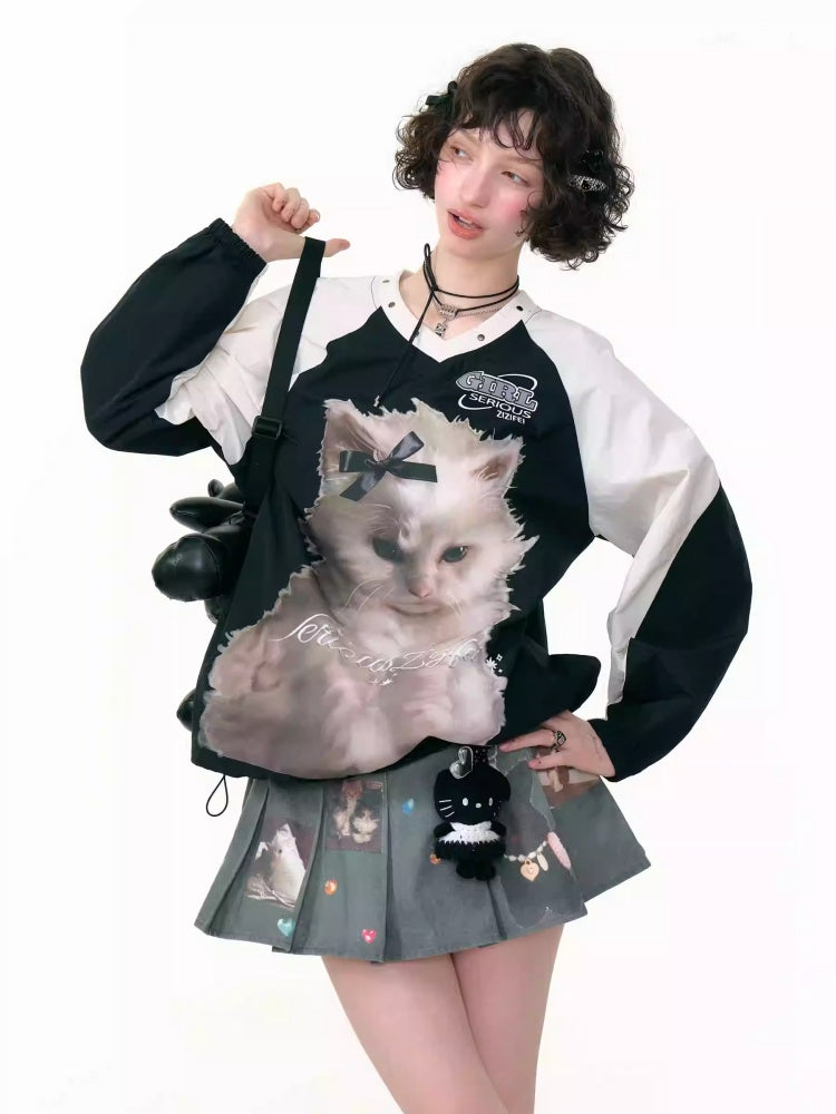 Cat Print Sporty Style Contrast V-Neck Sweatshirt【s0000013792】