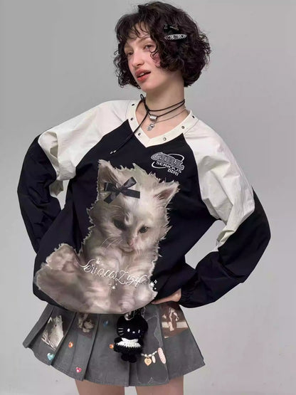 Cat Print Sporty Style Contrast V-Neck Sweatshirt【s0000013792】
