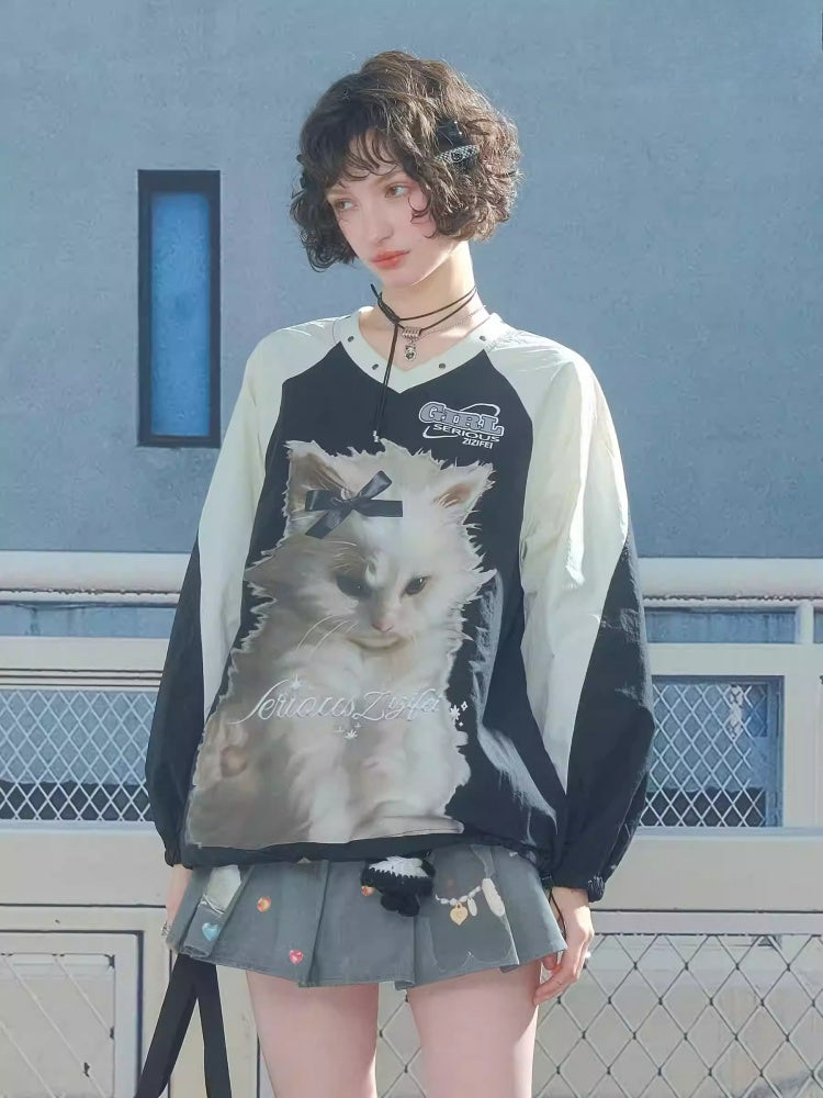 Cat Print Sporty Style Contrast V-Neck Sweatshirt【s0000013792】
