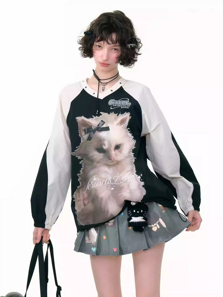 Cat Print Sporty Style Contrast V-Neck Sweatshirt【s0000013792】