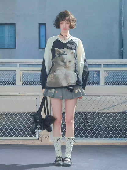 Cat Print Sporty Style Contrast V-Neck Sweatshirt【s0000013792】