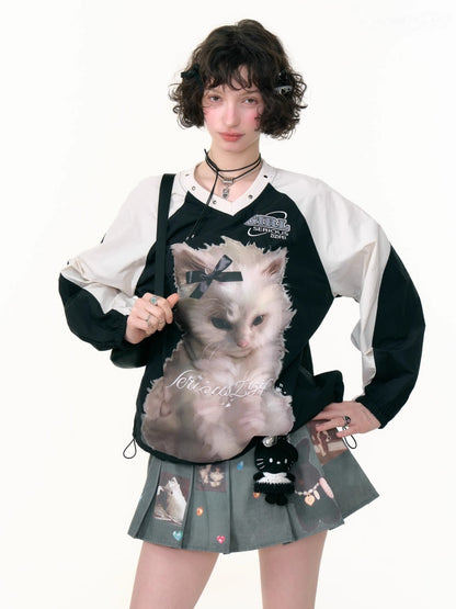 Cat Print Sporty Style Contrast V-Neck Sweatshirt【s0000013792】