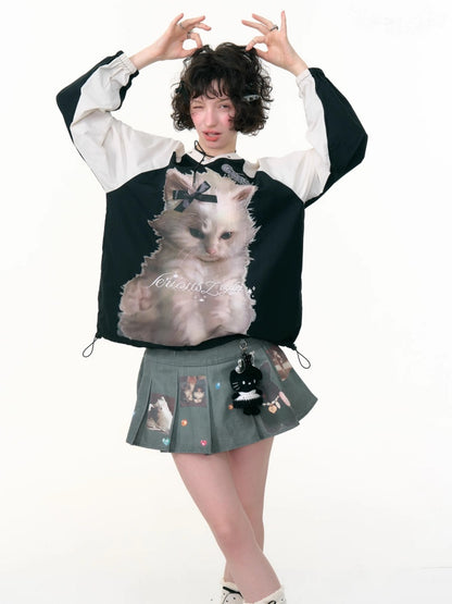 Cat Print Sporty Style Contrast V-Neck Sweatshirt【s0000013792】