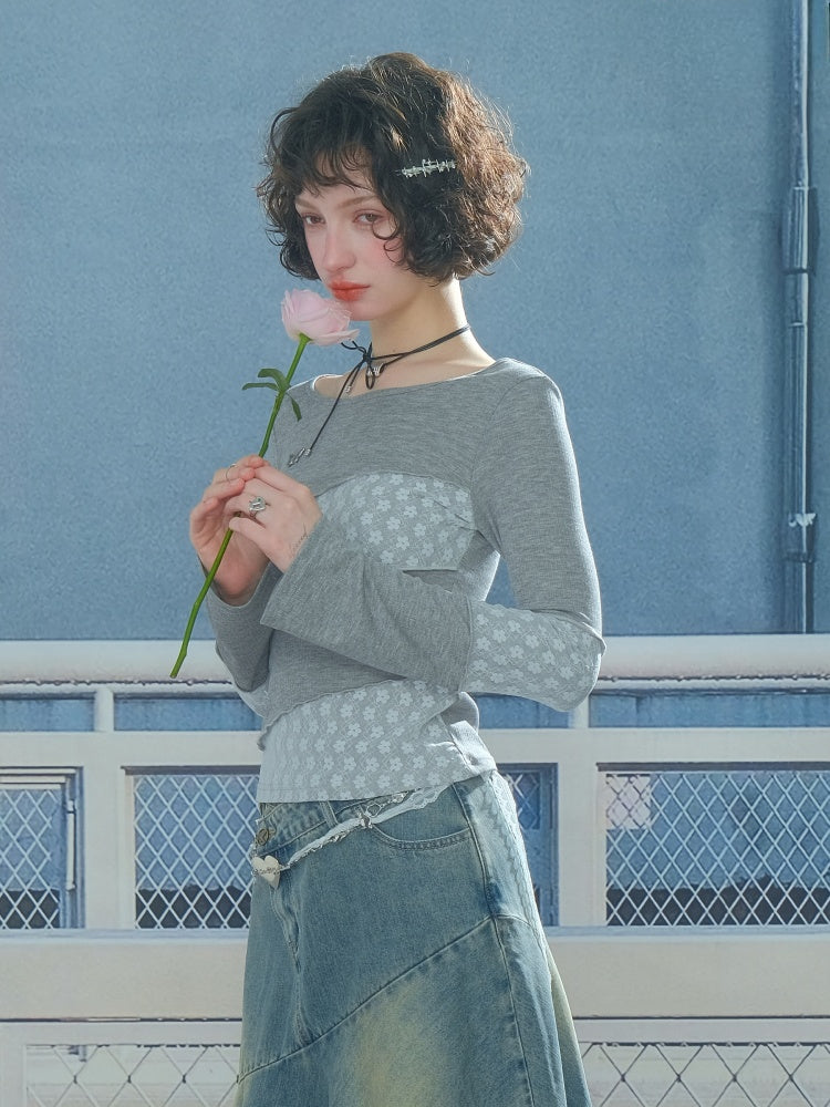 Diagonal Stripe Stitching Lace Slim Knitted Long Sleeve T-Shirt【s0000013793】