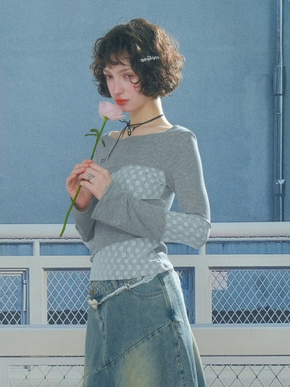 Diagonal Stripe Stitching Lace Slim Knitted Long Sleeve T-Shirt【s0000013793】