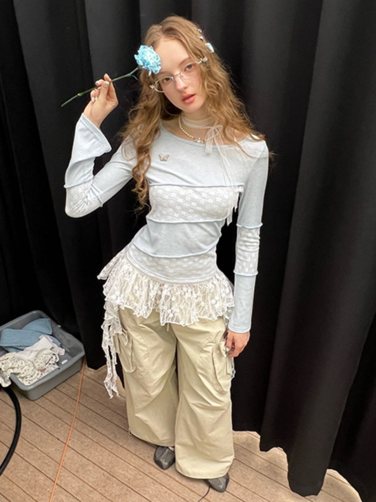 Diagonal Stripe Stitching Lace Slim Knitted Long Sleeve T-Shirt【s0000013793】