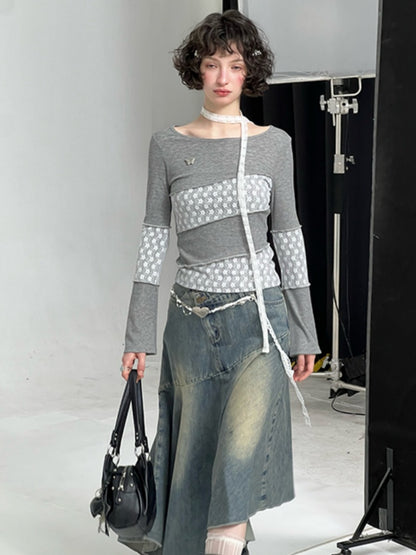 Diagonal Stripe Stitching Lace Slim Knitted Long Sleeve T-Shirt【s0000013793】