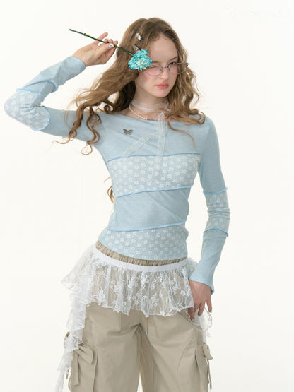 Diagonal Stripe Stitching Lace Slim Knitted Long Sleeve T-Shirt【s0000013793】