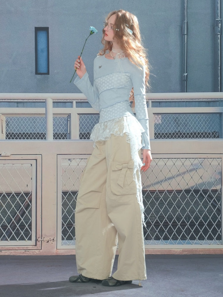 Diagonal Stripe Stitching Lace Slim Knitted Long Sleeve T-Shirt【s0000013793】