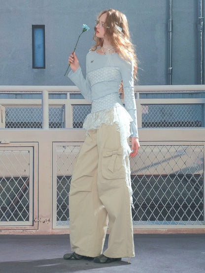 Diagonal Stripe Stitching Lace Slim Knitted Long Sleeve T-Shirt【s0000013793】