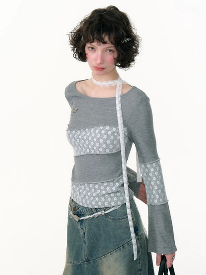 Diagonal Stripe Stitching Lace Slim Knitted Long Sleeve T-Shirt【s0000013793】