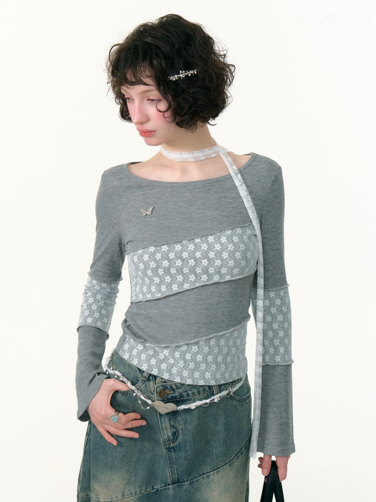 Diagonal Stripe Stitching Lace Slim Knitted Long Sleeve T-Shirt【s0000013793】