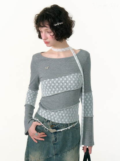 Diagonal Stripe Stitching Lace Slim Knitted Long Sleeve T-Shirt【s0000013793】