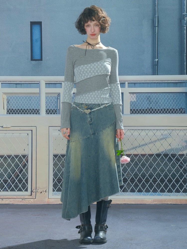 Diagonal Stripe Stitching Lace Slim Knitted Long Sleeve T-Shirt【s0000013793】