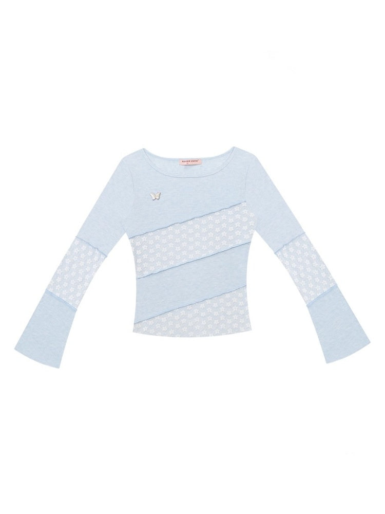 Diagonal Stripe Stitching Lace Slim Knitted Long Sleeve T-Shirt【s0000013793】