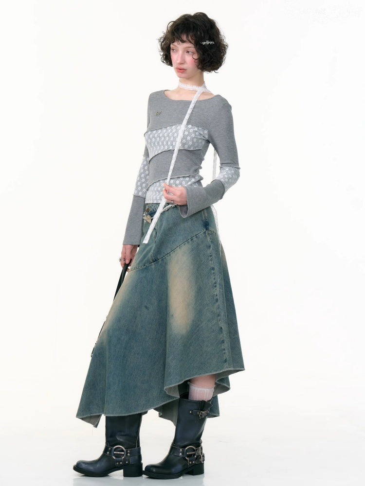 Diagonal Stripe Stitching Lace Slim Knitted Long Sleeve T-Shirt【s0000013793】