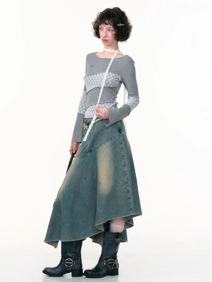 Diagonal Stripe Stitching Lace Slim Knitted Long Sleeve T-Shirt【s0000013793】