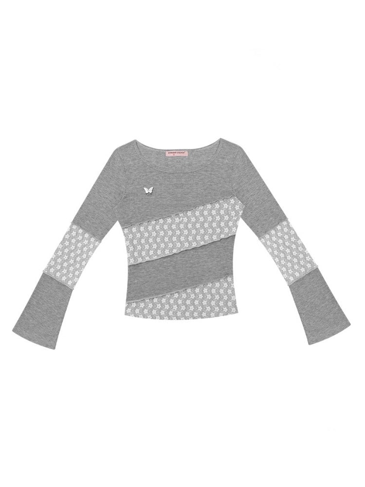 Diagonal Stripe Stitching Lace Slim Knitted Long Sleeve T-Shirt【s0000013793】