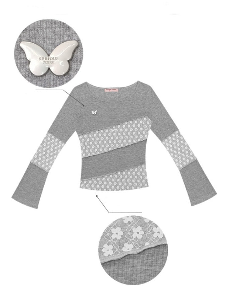 Diagonal Stripe Stitching Lace Slim Knitted Long Sleeve T-Shirt【s0000013793】