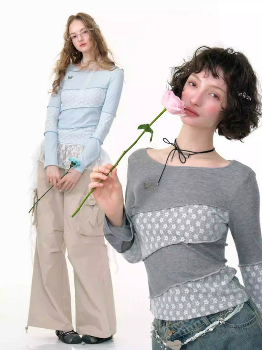 Diagonal Stripe Stitching Lace Slim Knitted Long Sleeve T-Shirt【s0000013793】