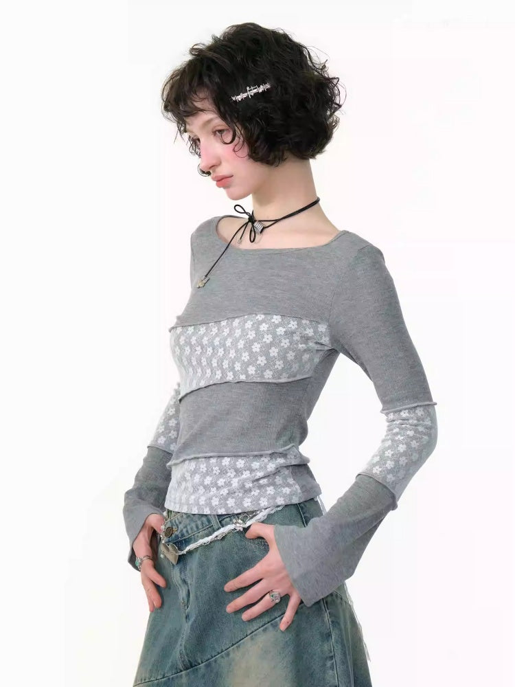 Diagonal Stripe Stitching Lace Slim Knitted Long Sleeve T-Shirt【s0000013793】