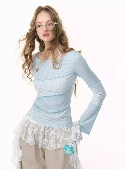 Diagonal Stripe Stitching Lace Slim Knitted Long Sleeve T-Shirt【s0000013793】