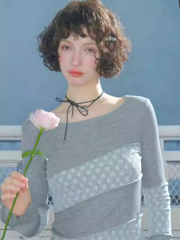 Diagonal Stripe Stitching Lace Slim Knitted Long Sleeve T-Shirt【s0000013793】