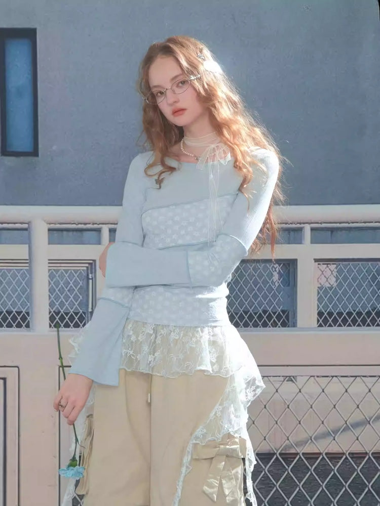 Diagonal Stripe Stitching Lace Slim Knitted Long Sleeve T-Shirt【s0000013793】