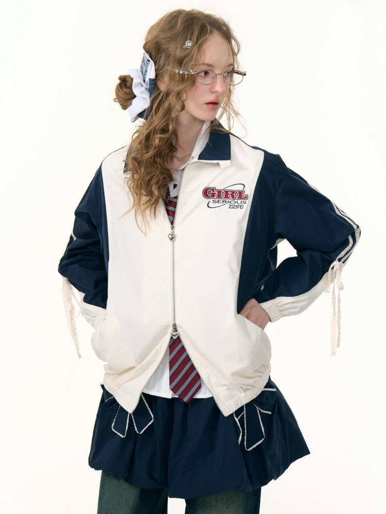 Contrast Sports Style Lace Strap Double End Zipper Thin Jacket【s0000013795】