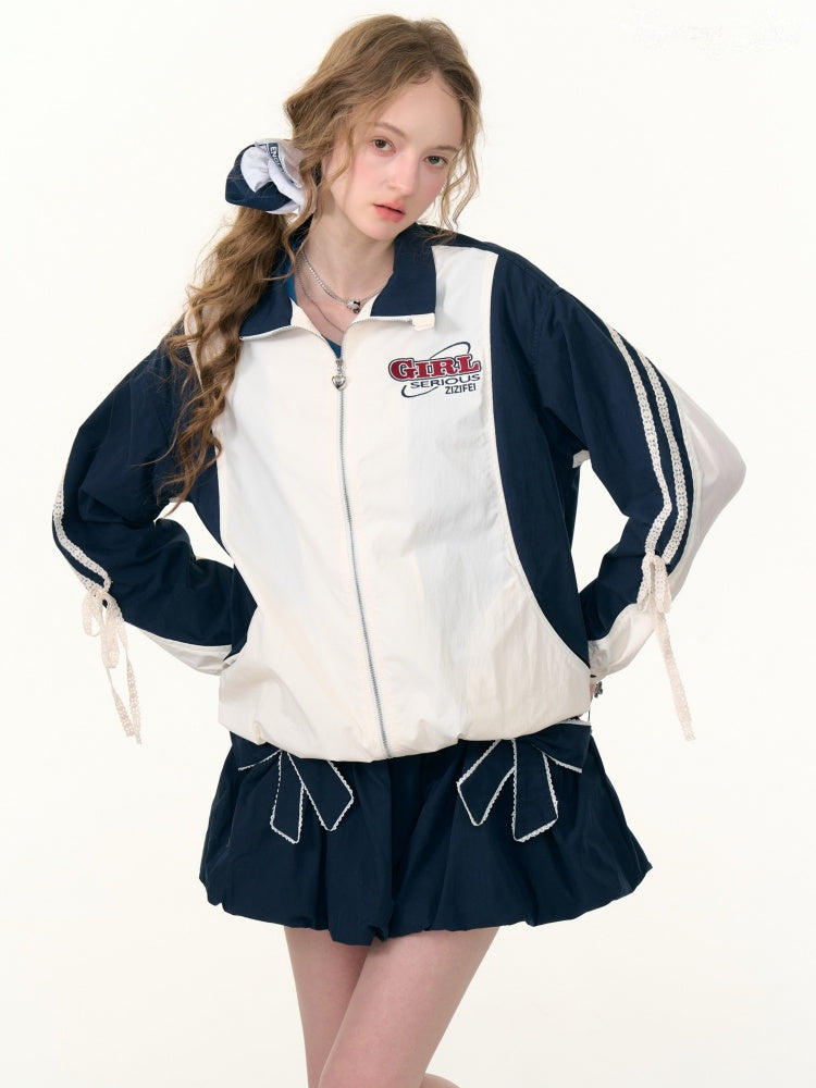 Contrast Sports Style Lace Strap Double End Zipper Thin Jacket【s0000013795】