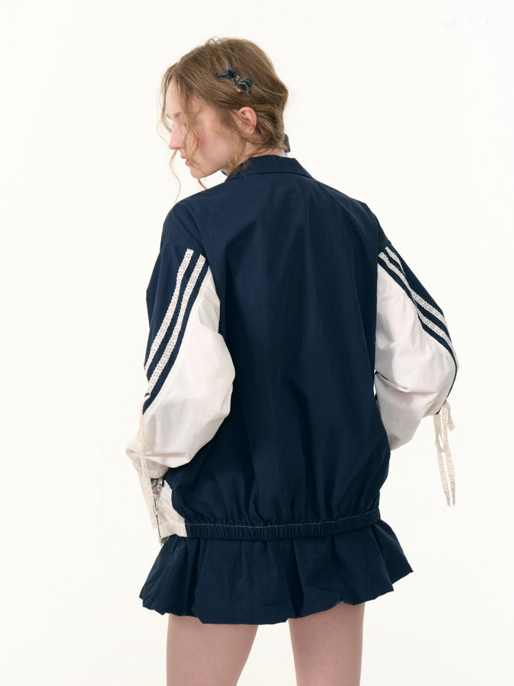 Contrast Sports Style Lace Strap Double End Zipper Thin Jacket【s0000013795】
