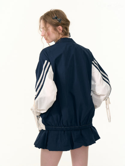 Contrast Sports Style Lace Strap Double End Zipper Thin Jacket【s0000013795】