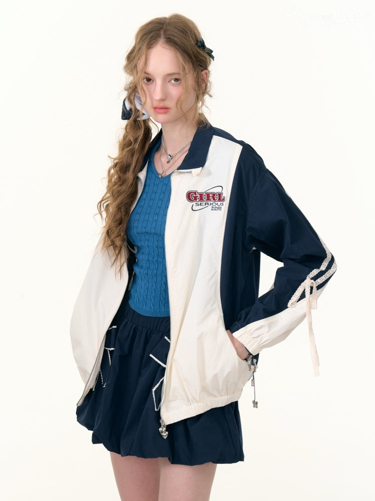 Contrast Sports Style Lace Strap Double End Zipper Thin Jacket【s0000013795】