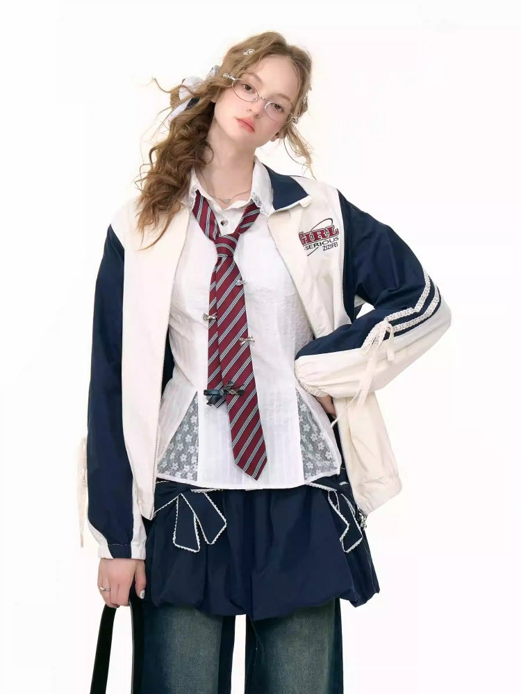 Contrast Sports Style Lace Strap Double End Zipper Thin Jacket【s0000013795】