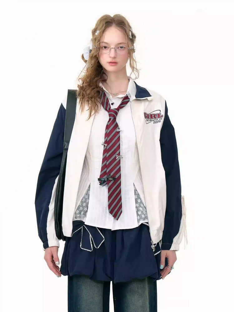 Contrast Sports Style Lace Strap Double End Zipper Thin Jacket【s0000013795】