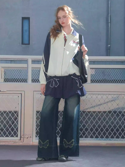 Contrast Sports Style Lace Strap Double End Zipper Thin Jacket【s0000013795】