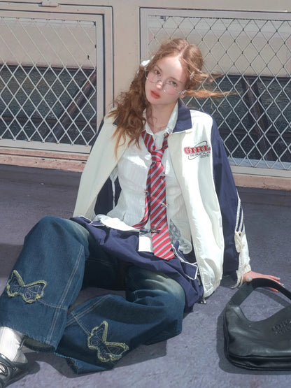 Contrast Sports Style Lace Strap Double End Zipper Thin Jacket【s0000013795】