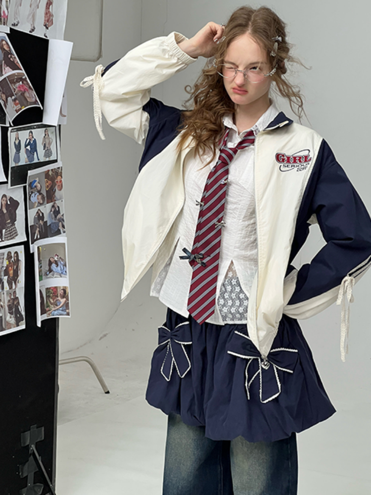 Contrast Sports Style Lace Strap Double End Zipper Thin Jacket【s0000013795】