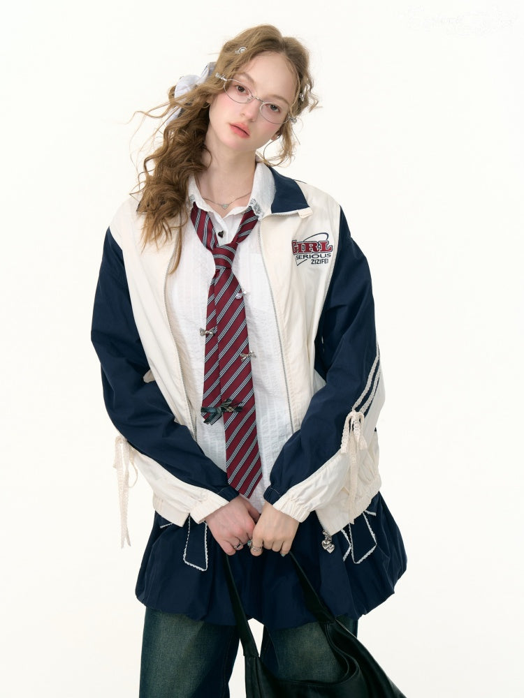 Contrast Sports Style Lace Strap Double End Zipper Thin Jacket【s0000013795】