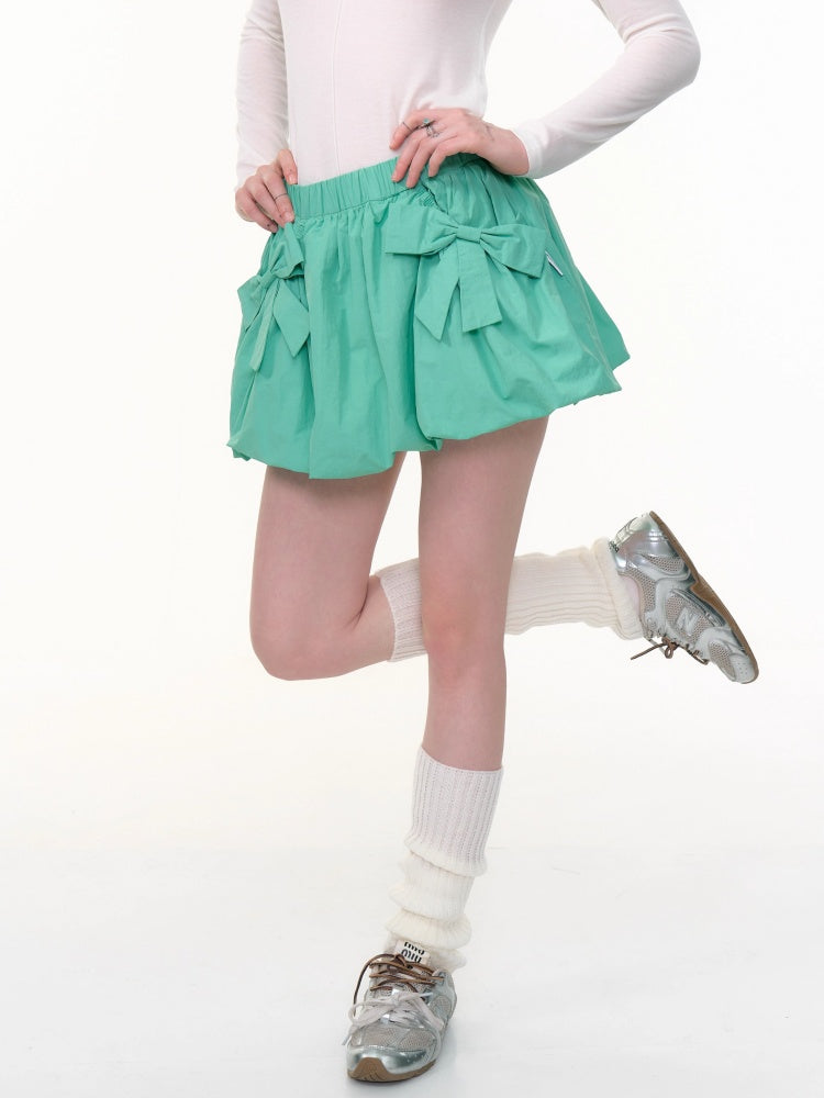 Ribbon Pocket Elastic Waist A-Line Flower Bud Skirt【s0000013796】