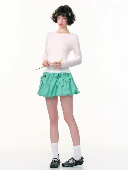 Ribbon Pocket Elastic Waist A-Line Flower Bud Skirt【s0000013796】