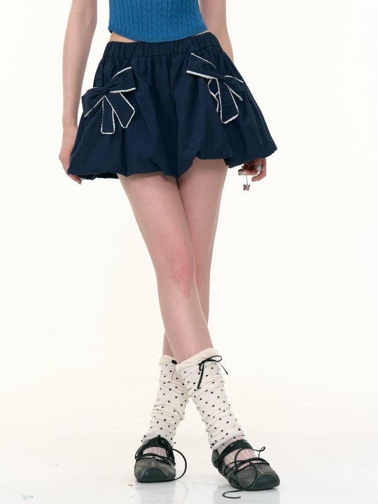 Ribbon Pocket Elastic Waist A-Line Flower Bud Skirt【s0000013796】