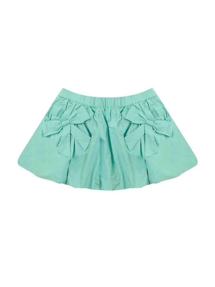 Ribbon Pocket Elastic Waist A-Line Flower Bud Skirt【s0000013796】