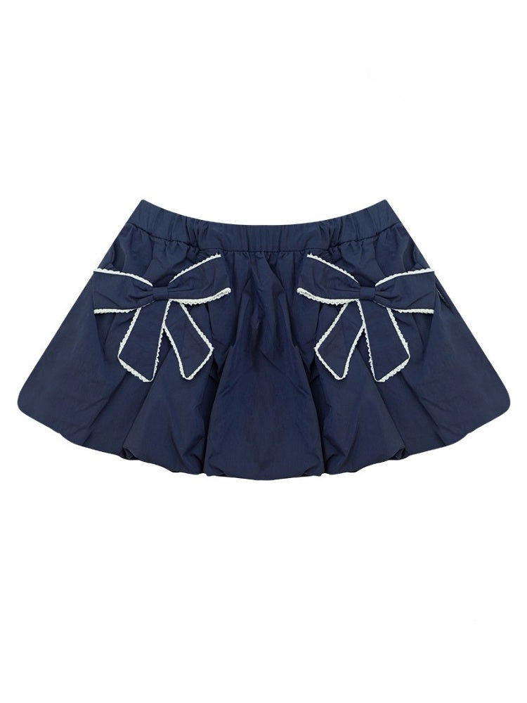 Ribbon Pocket Elastic Waist A-Line Flower Bud Skirt【s0000013796】