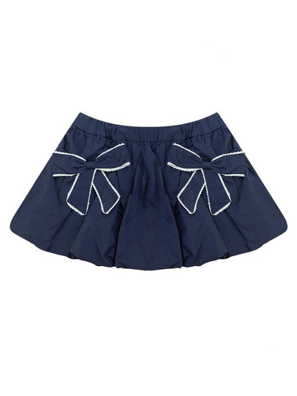 Ribbon Pocket Elastic Waist A-Line Flower Bud Skirt【s0000013796】
