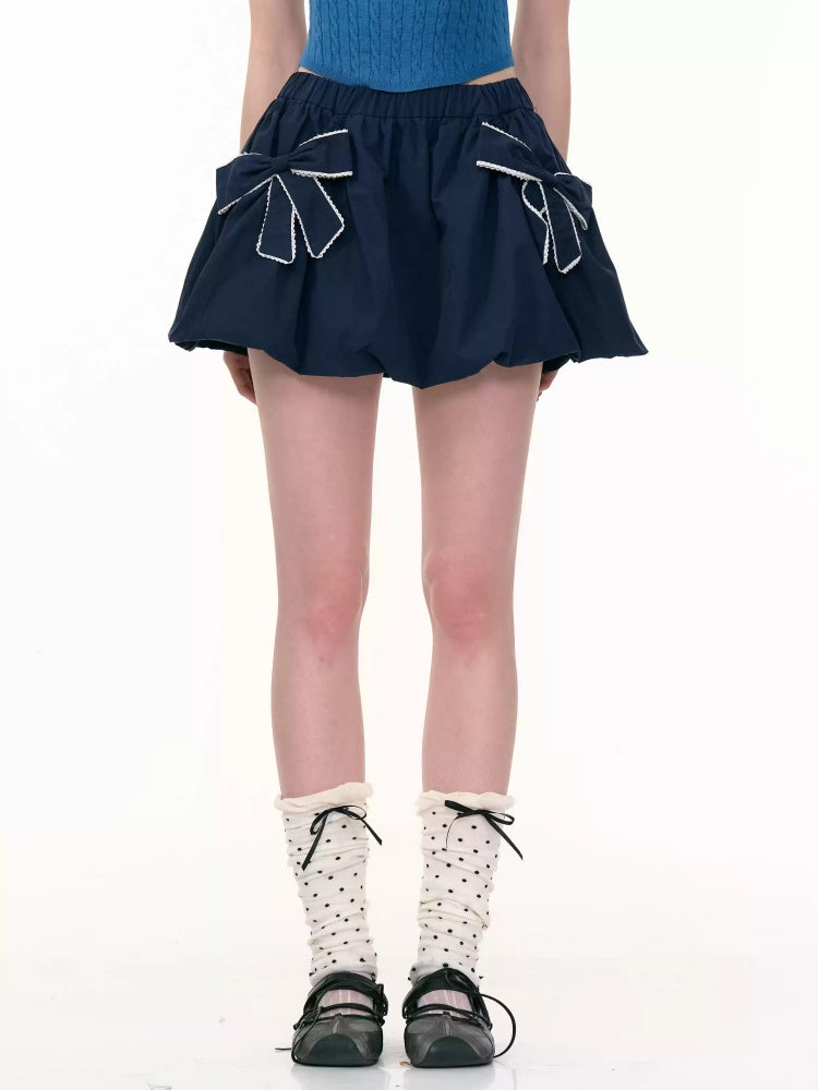 Ribbon Pocket Elastic Waist A-Line Flower Bud Skirt【s0000013796】