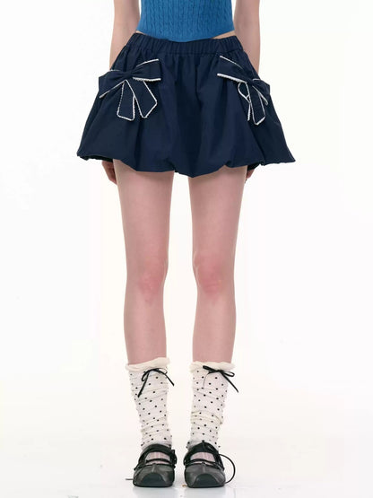 Ribbon Pocket Elastic Waist A-Line Flower Bud Skirt【s0000013796】
