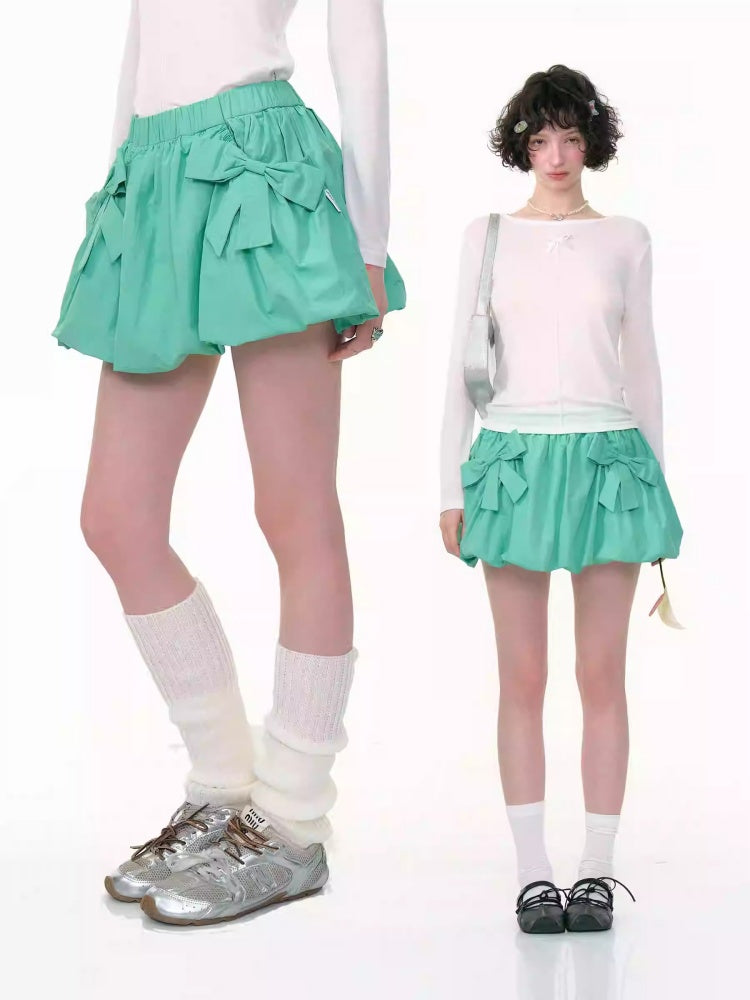 Ribbon Pocket Elastic Waist A-Line Flower Bud Skirt【s0000013796】