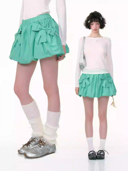 Ribbon Pocket Elastic Waist A-Line Flower Bud Skirt【s0000013796】